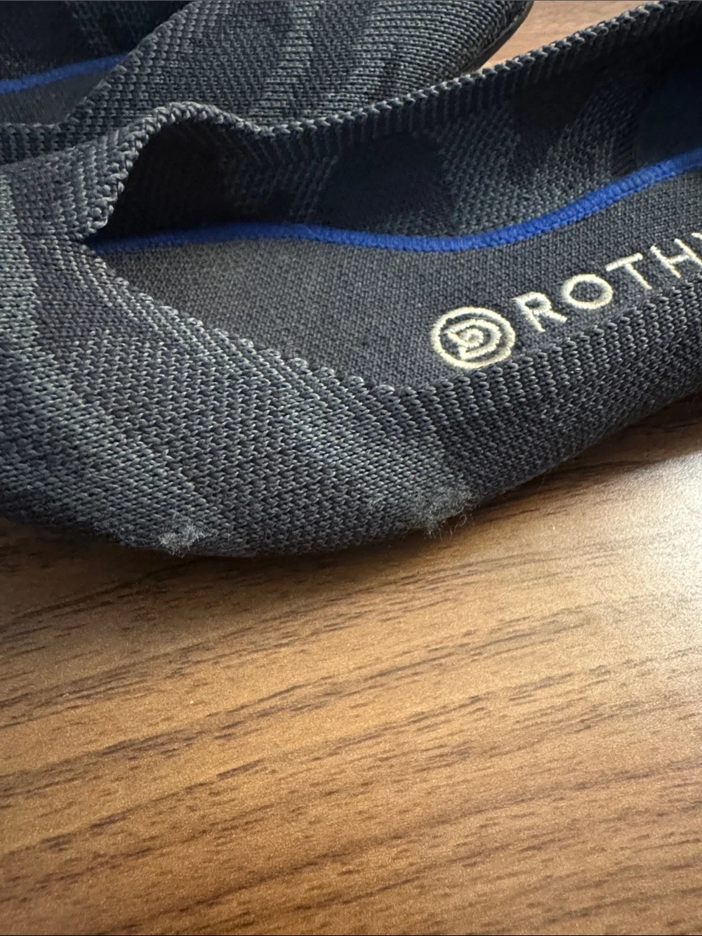 Rothy's Pointed Knit Flats in Black and Gray with Blue Trim